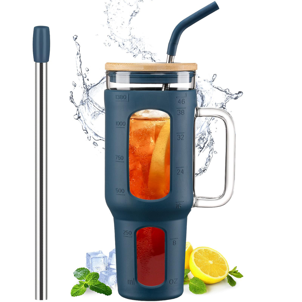 WINSA glass tumbler with lid and straw shows car-friendly portability for spill-free sipping