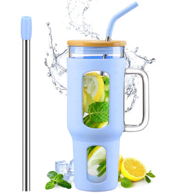 WINSA glass tumbler with lid and straw, 46oz, ideal for car cup holders