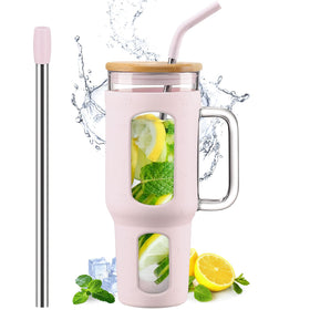 WINSA glass tumbler with lid and straw 46oz, ideal for iced coffee on the go.