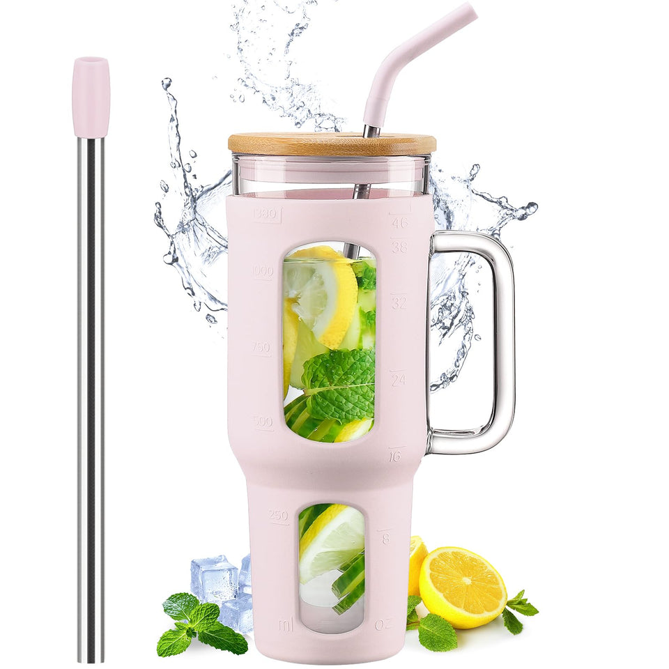 WINSA glass tumbler with lid and straw 46oz, ideal for iced coffee on the go.