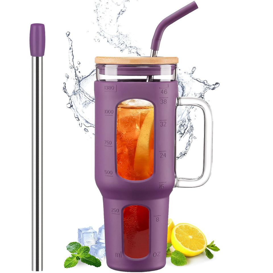 WINSA glass tumbler with lid and straw in dark purple fits car cup holders