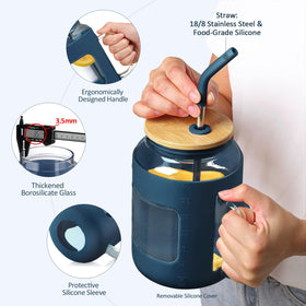 WINSA glass tumbler with bamboo lid and straw designed for easy sipping.