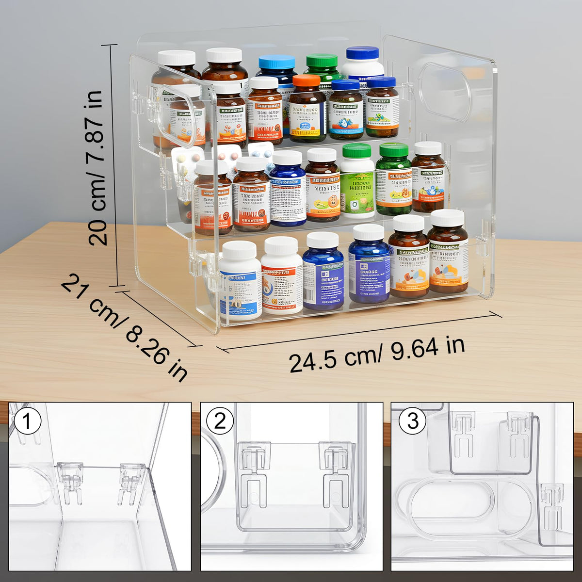 Wiojtry 3-Tier Organizer stores medicine bottles for tidy bathroom storage.