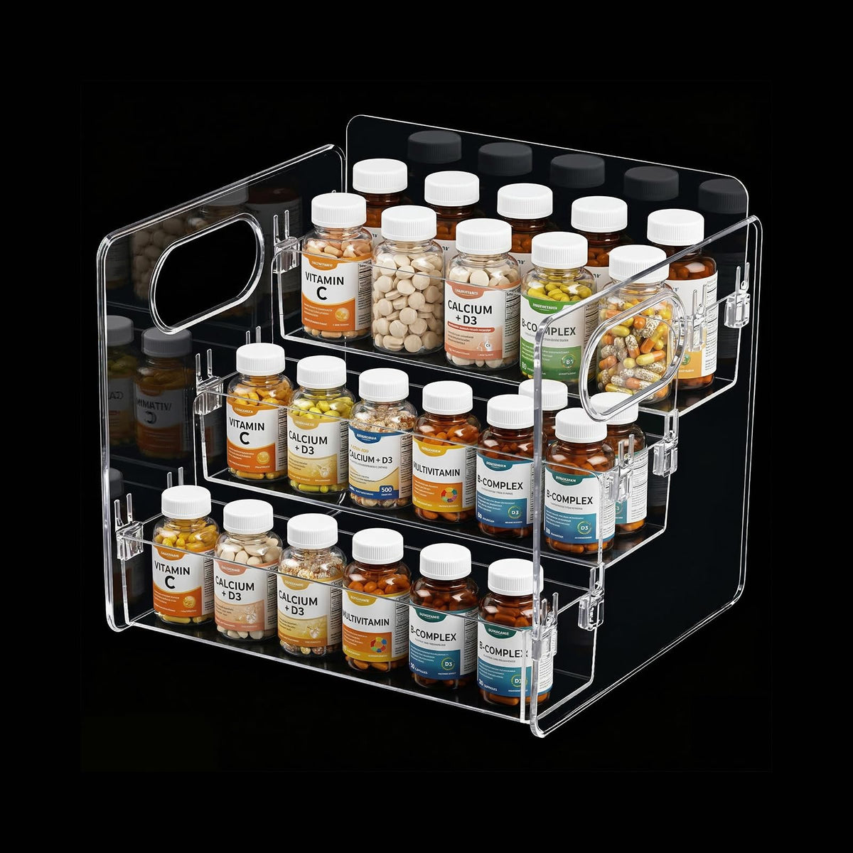 Wiojtry 3-Tier Organizer on countertop with vitamin bottles for quick access.