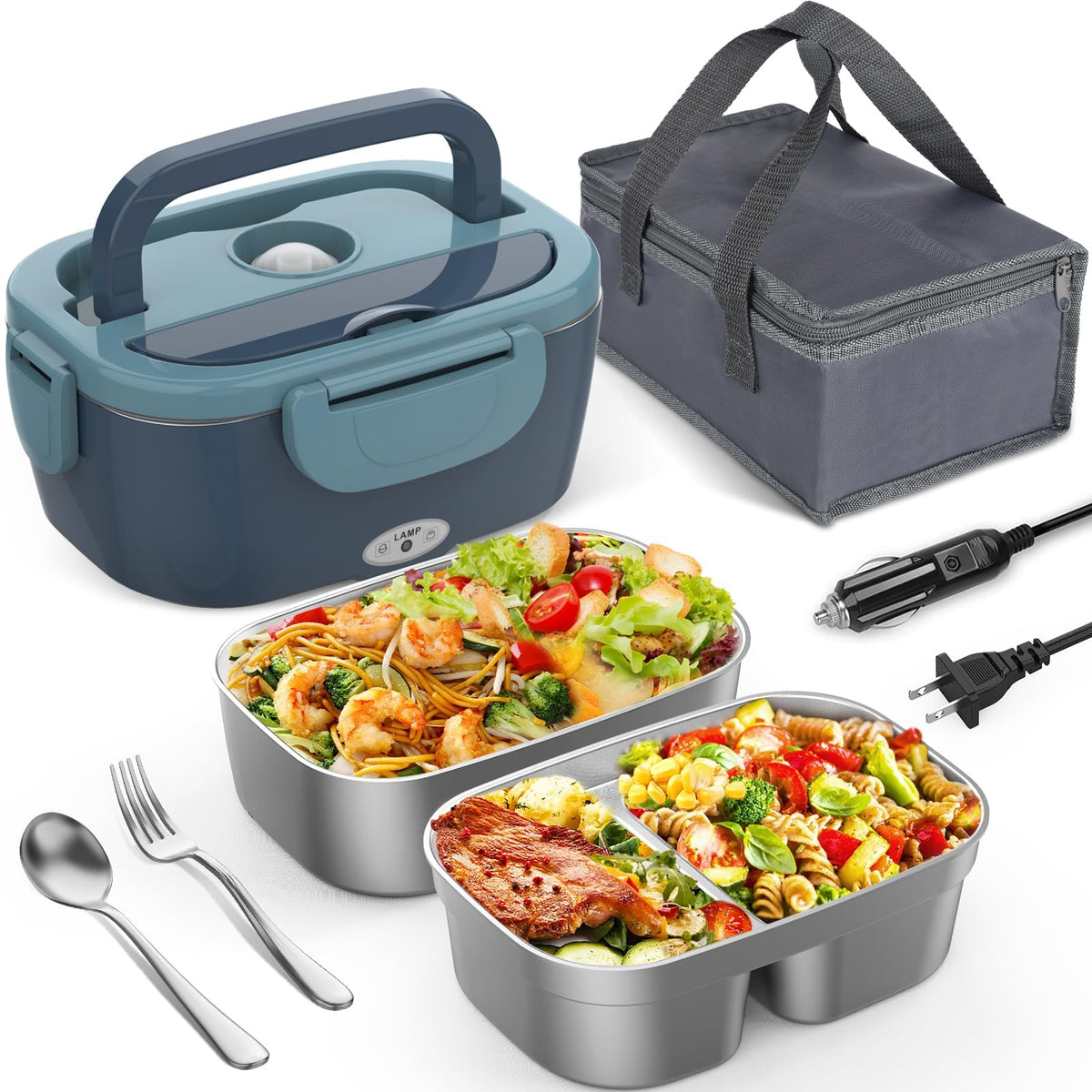 WisaKey electric lunch box with two stainless trays for hot meals on the go.