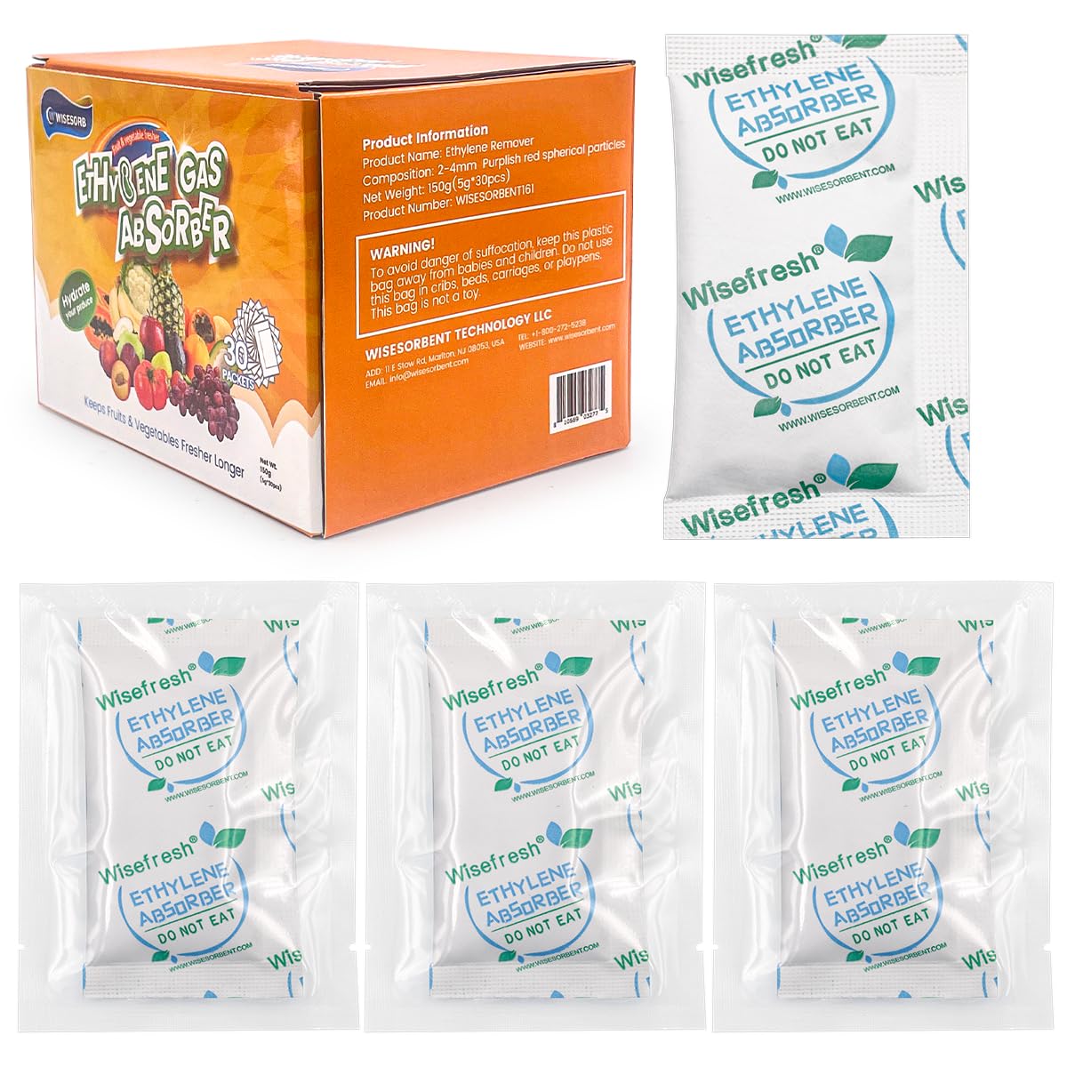 WiseFresh ethylene absorber packets in a box, preserving freshness