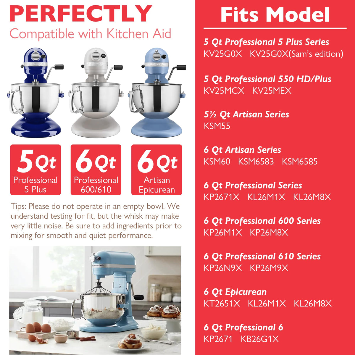 Wiselet bowl-lift compatible mixing bowl for KitchenAid models.