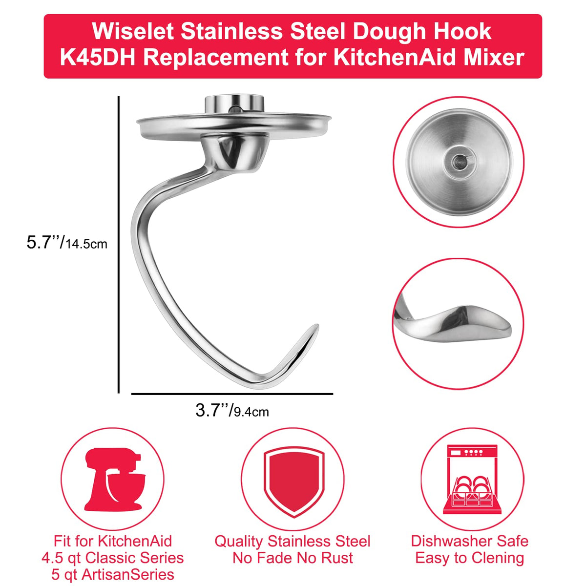 Round lid design on Wiselet dough hook helps keep dough from climbing into the hub.
