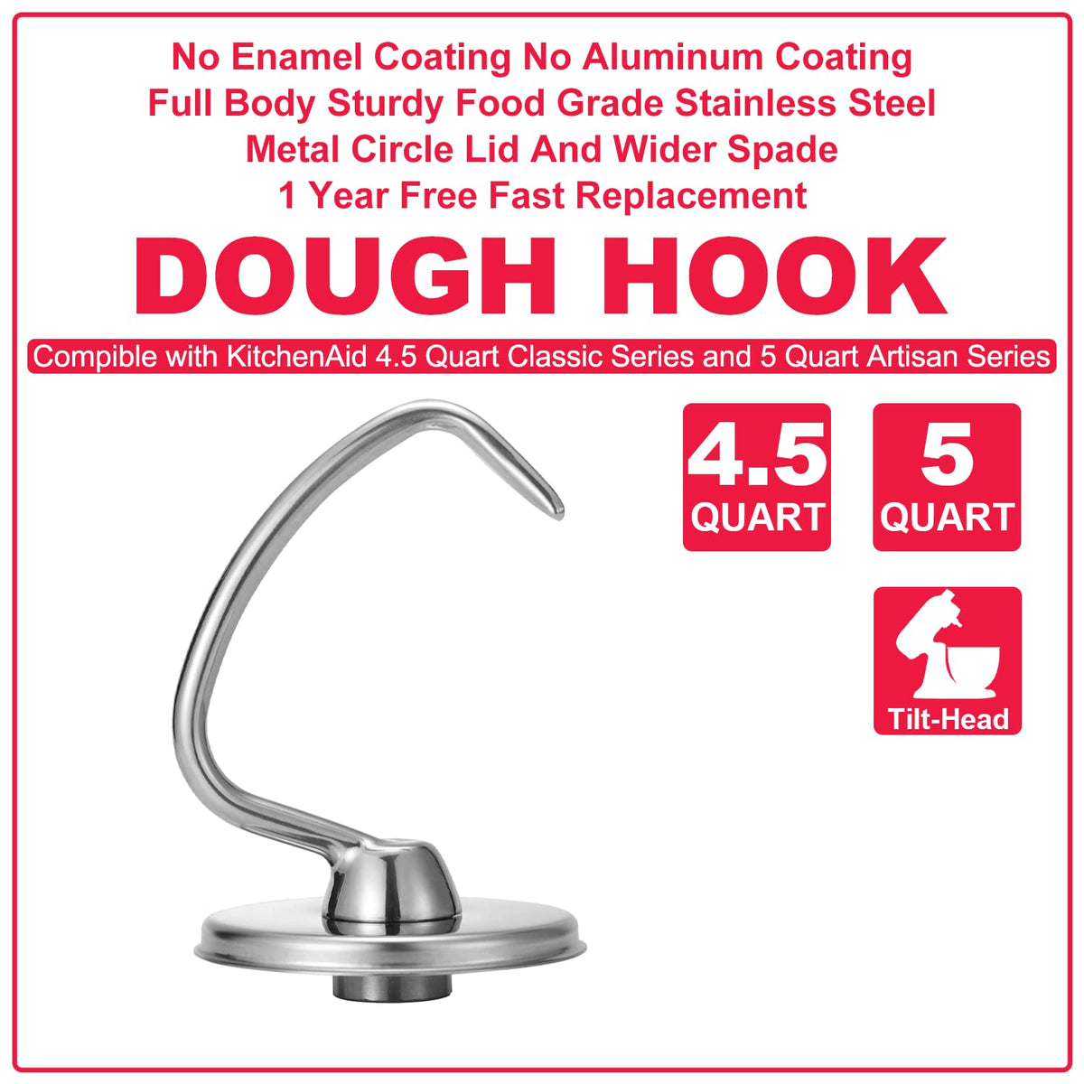 Close-up of Wiselet 18/8 stainless steel dough hook construction and durability.