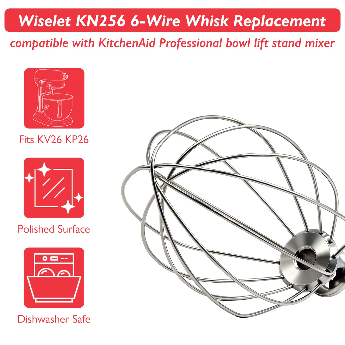 Wiselet KN256 whisk showing compatibility with KV25 and KP26 models.