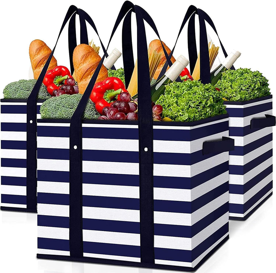 WISELIFE 3-pack reusable grocery bags with large capacity for groceries and picnics.