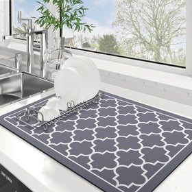 WISELIFE grey 16x24 dish drying mat on counter, absorbs water quickly.