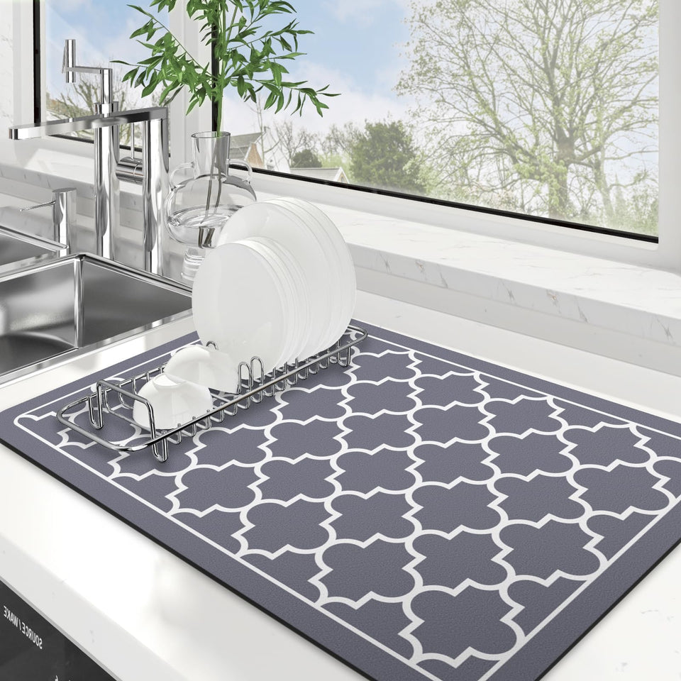 WISELIFE grey 16x24 dish drying mat on counter, absorbs water quickly.