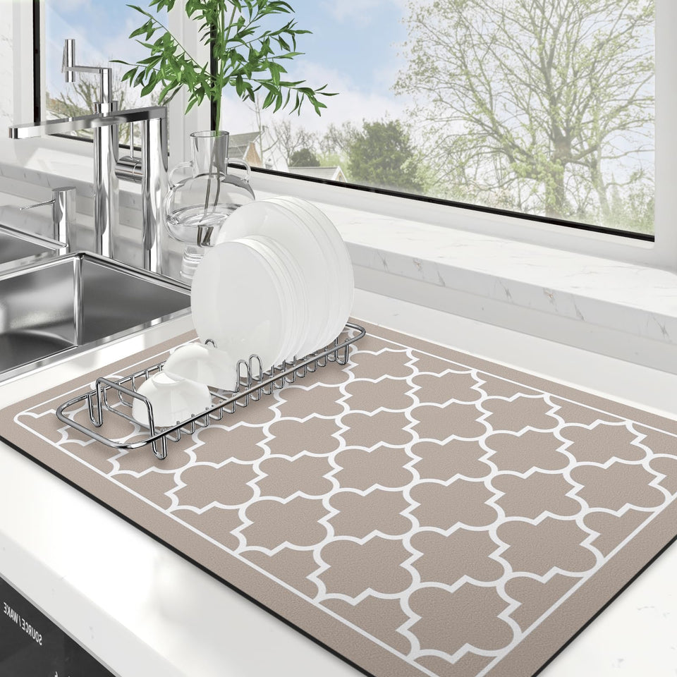 WISELIFE large 16x24 khaki dish drying mat on counter absorbs moisture to keep surfaces dry