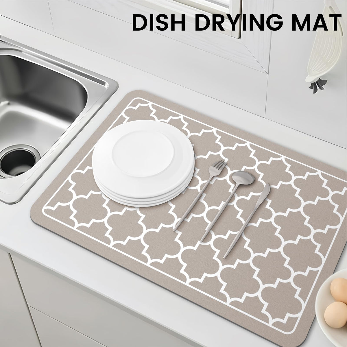 WISELIFE mat fits under a dish rack for versatile placement