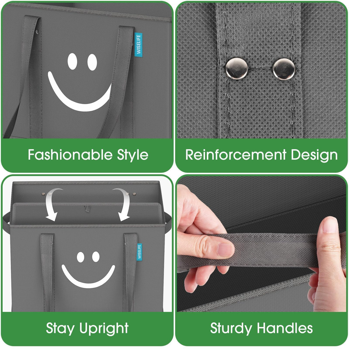 WISELIFE reusable bags 3-pack with short handles and shoulder strap for easy carrying.
