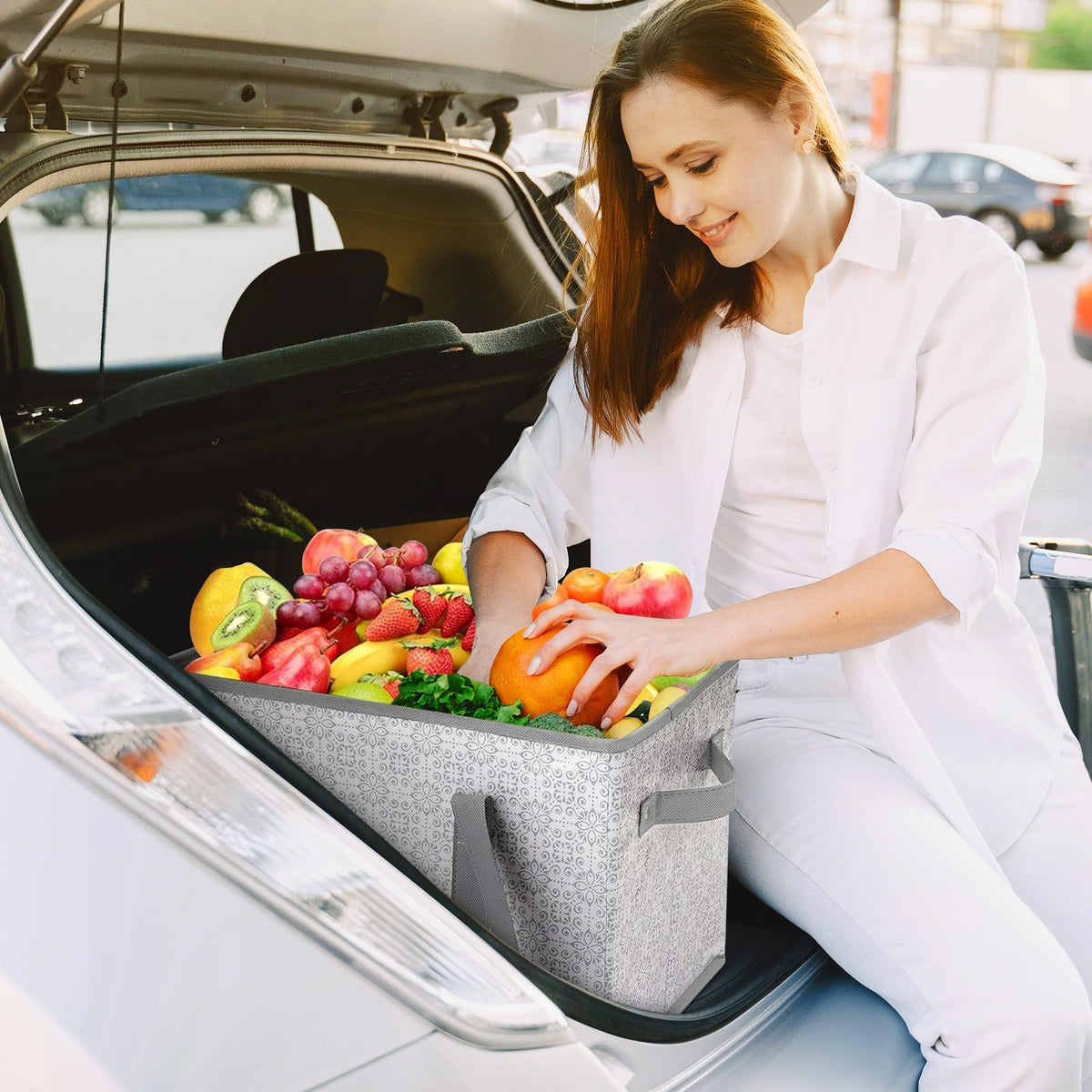 WISELIFE reusable grocery bags 3-pack open upright with cardboard bottom for stability.