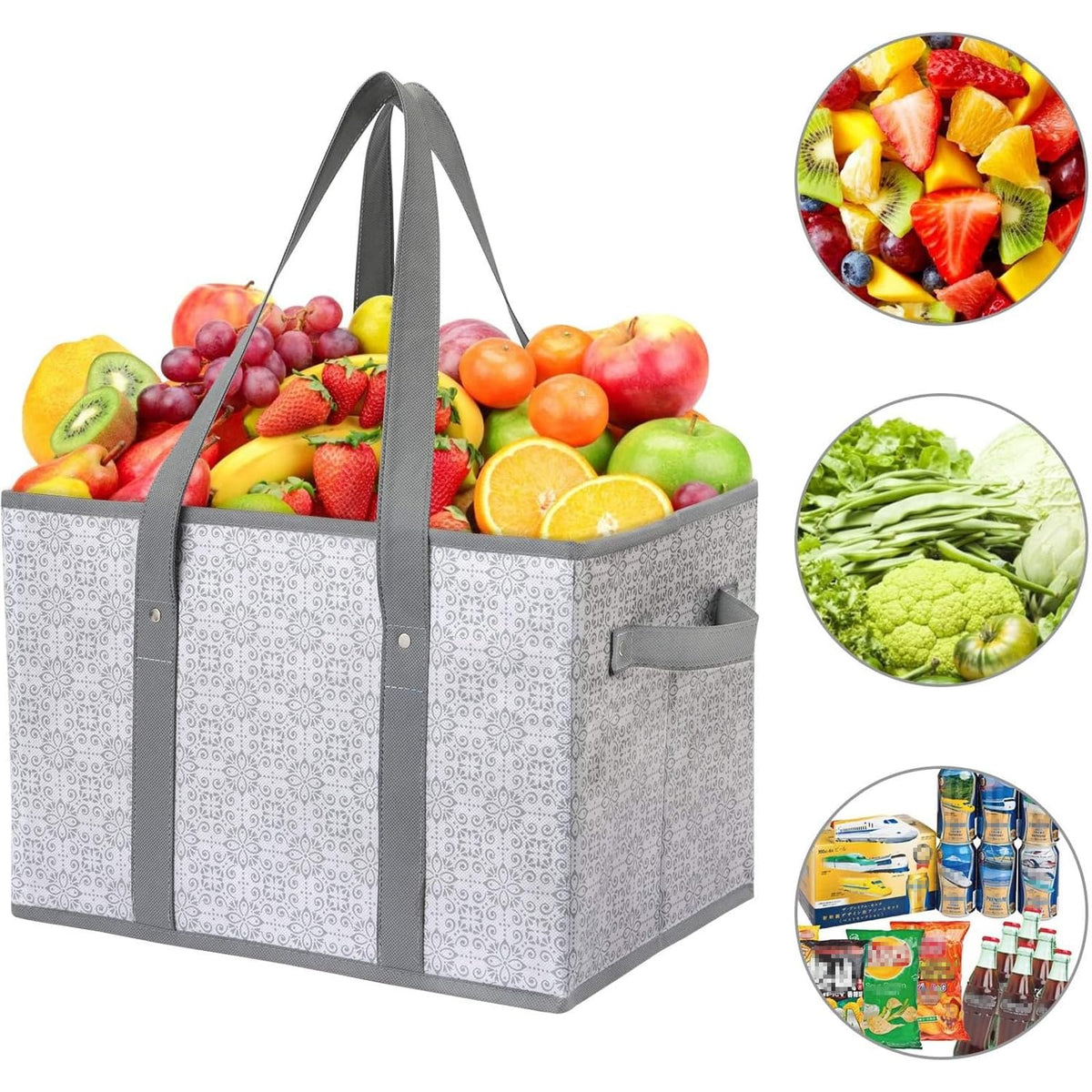 WISELIFE reusable grocery bags 3-pack water-resistant fabric for spills and rain.