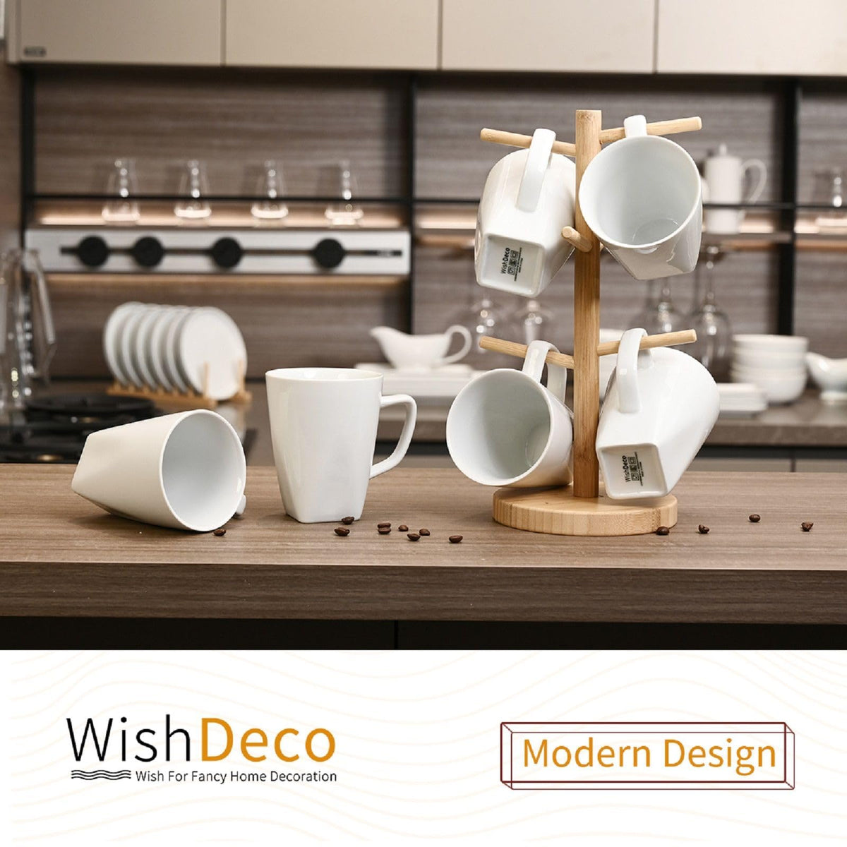 WishDeco white coffee mugs closeup, smooth glaze resists stains and odors.