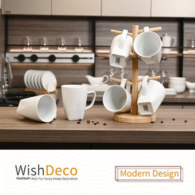 WishDeco white coffee mugs closeup, smooth glaze resists stains and odors.