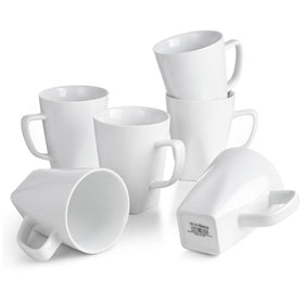 WishDeco white coffee mugs set of 6, front view, stable square bottom for everyday beverages.
