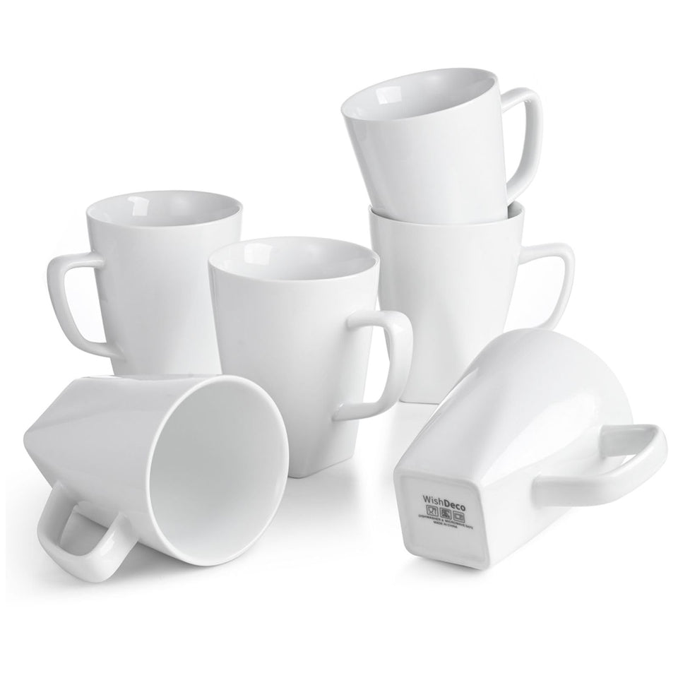 WishDeco white coffee mugs set of 6, front view, stable square bottom for everyday beverages.
