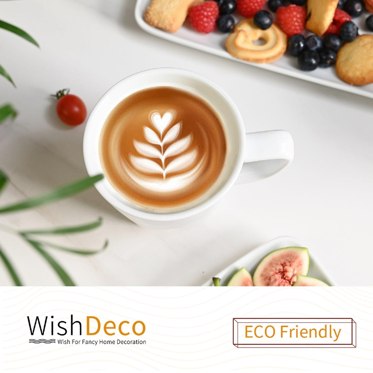 WishDeco white coffee mugs latte setup, perfect for cozy mornings.