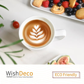 WishDeco white coffee mugs latte setup, perfect for cozy mornings.