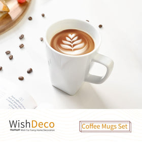 WishDeco white coffee mugs, side handle, comfortable grip for hot drinks.