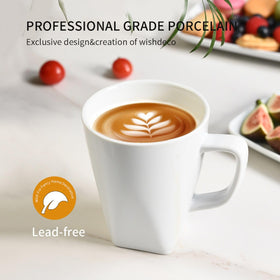 WishDeco white coffee mugs stacked, space-saving design for neat kitchen storage.