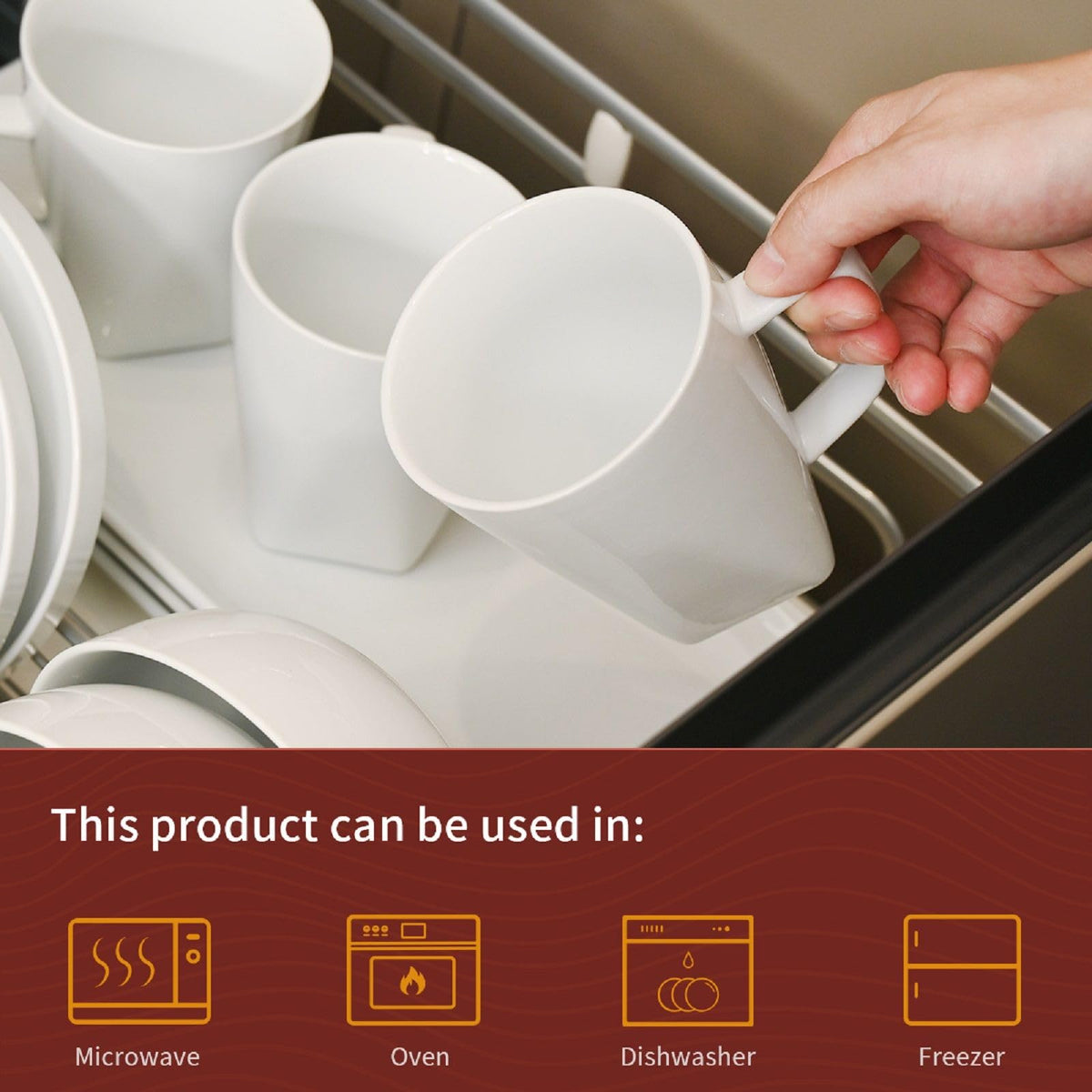 WishDeco white coffee mugs on table, ideal for coffee, tea, or cocoa moments.