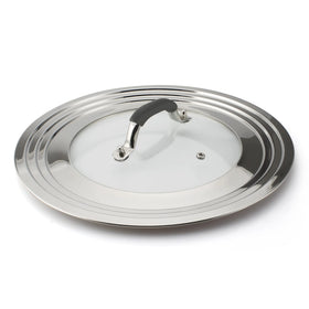 WishDirect universal lid shown fitting 11-15 inch cookware for versatile cooking use
