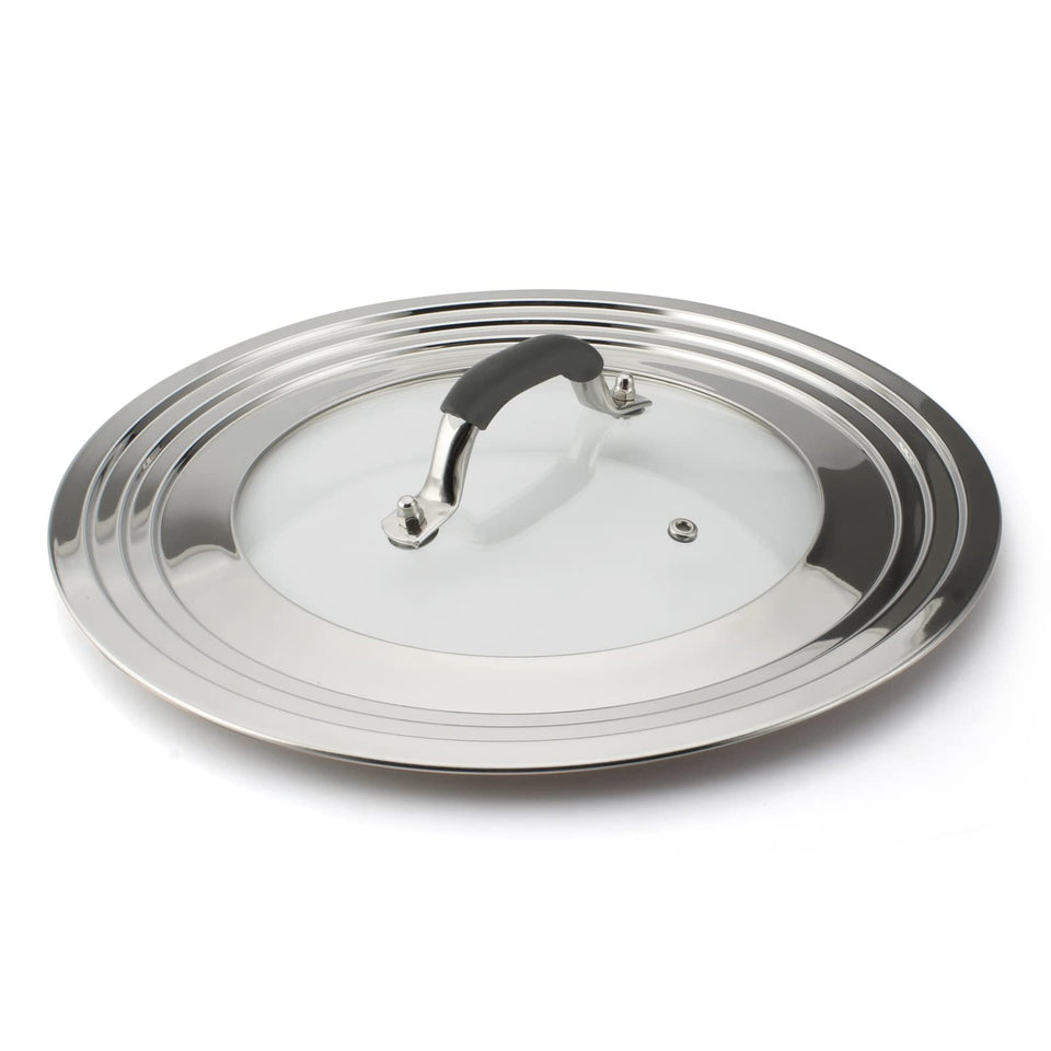 WishDirect universal lid shown fitting 11-15 inch cookware for versatile cooking use