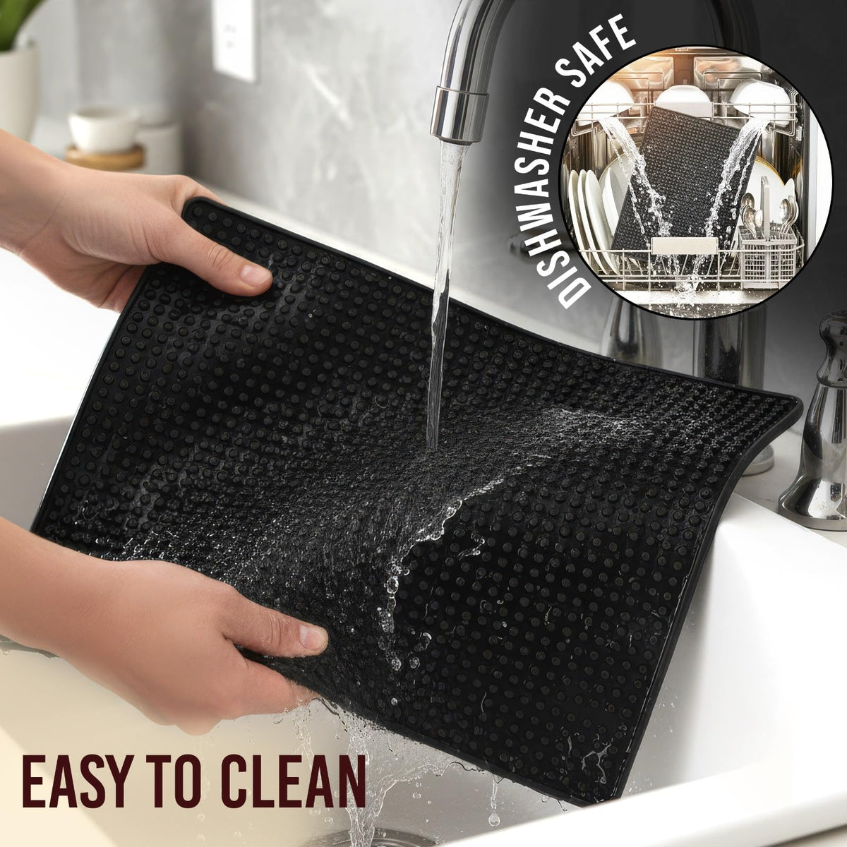Wishmart bar mat demonstrates dishwasher-safe cleanup for quick refill