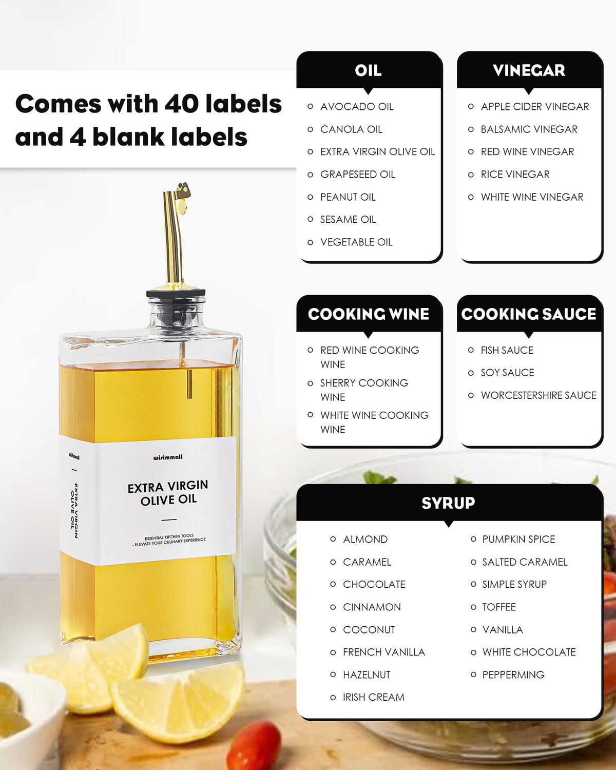 WISIMMALL waterproof labels help organize oils and syrups quickly.