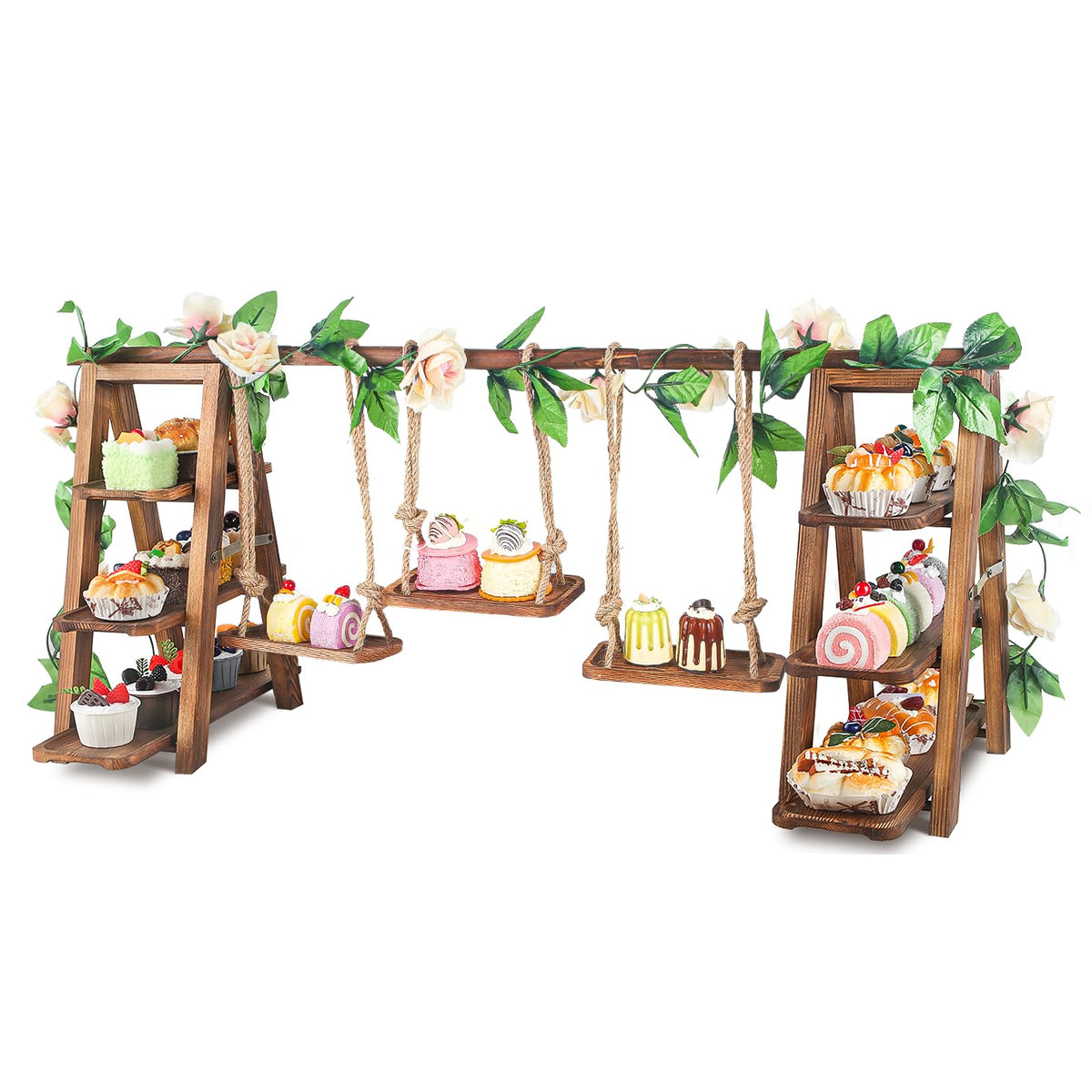 Wisreach upgraded large wooden 3-tier swing stand with flower decor for elegant party display