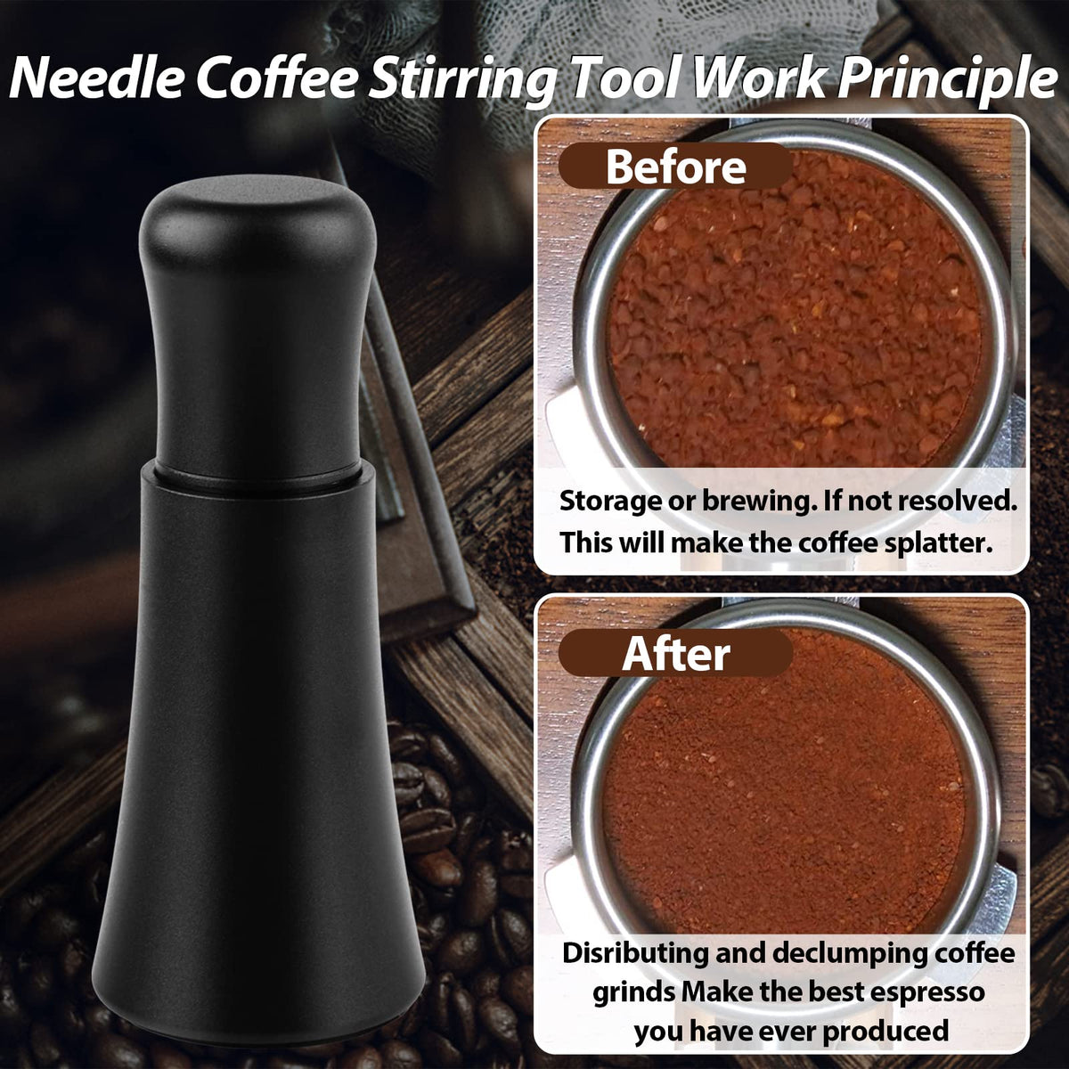 Matte black WDT tool on a clean espresso setup