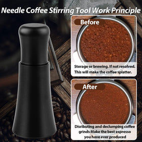 Matte black WDT tool on a clean espresso setup
