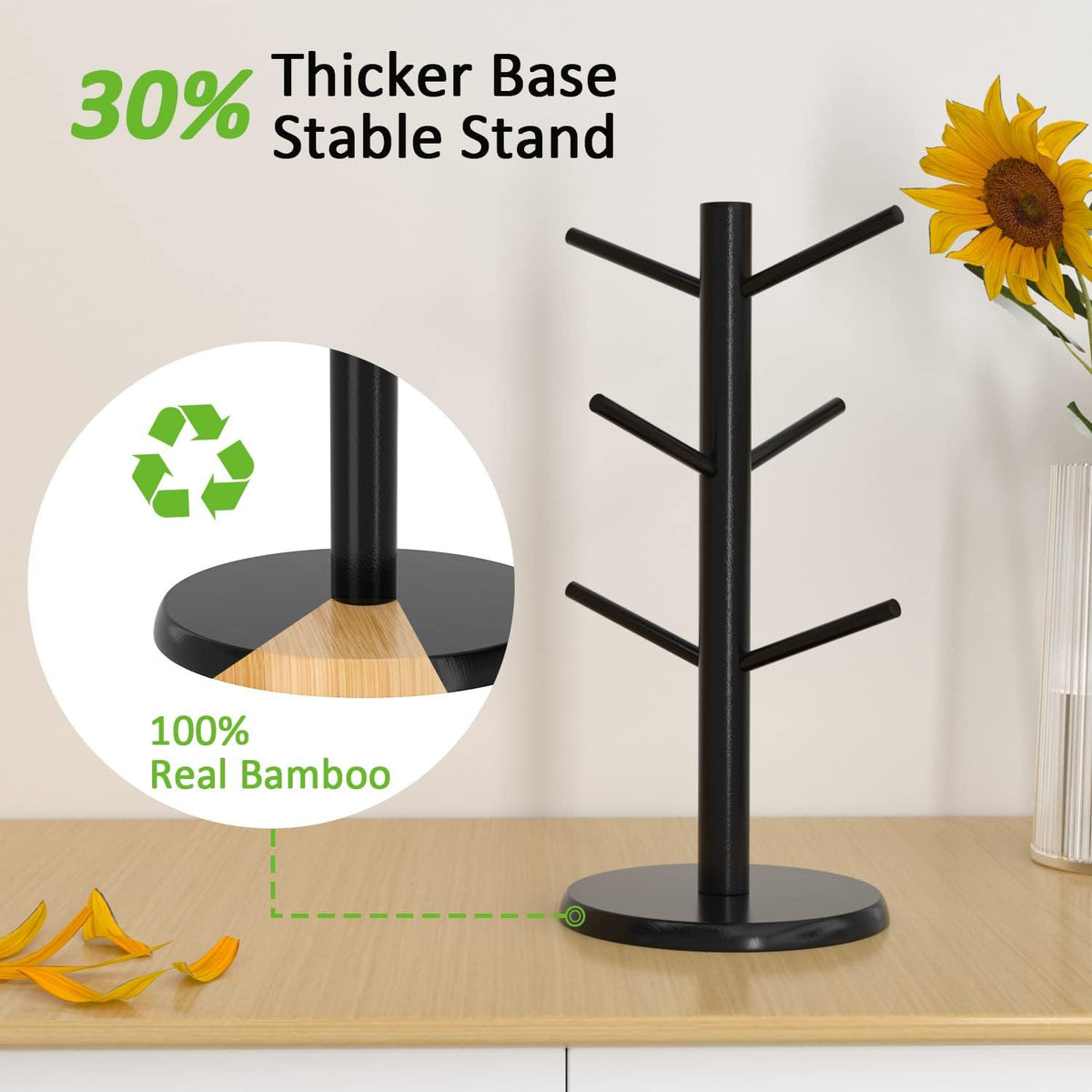 Natural bamboo base emphasizes eco-friendly, durable kitchen organization.