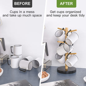 Wisuce bamboo mug holder tree on the counter showing space-saving display.