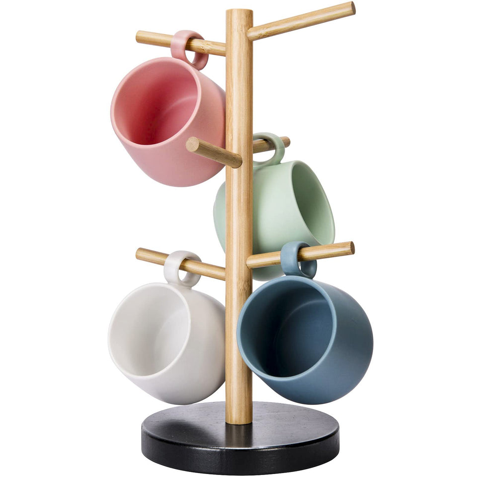Wisuce bamboo mug holder tree with full six-mug display on a clean counter.