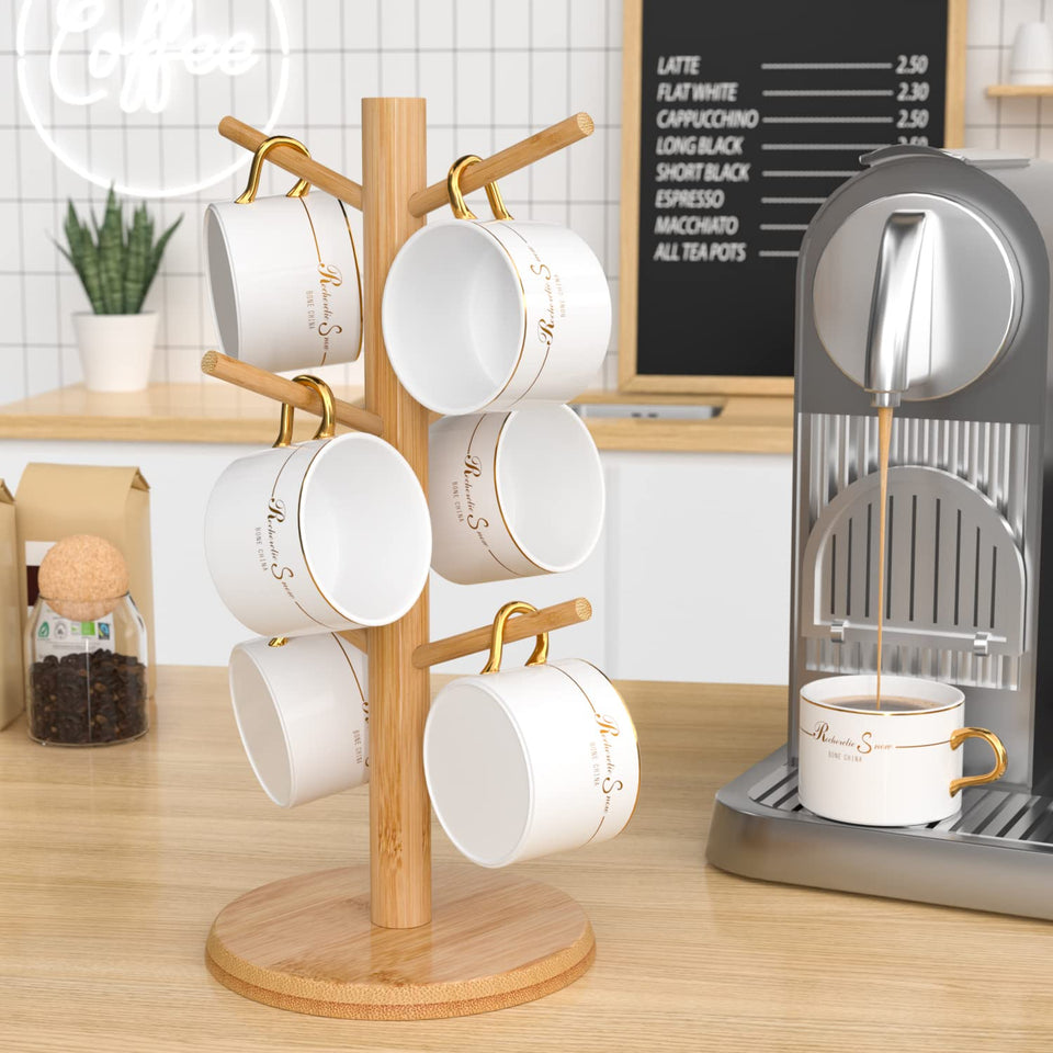 Wisuce bamboo mug tree with thick base securely holds six mugs.