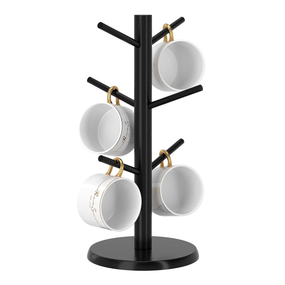 Wisuce Black Mug Tree with thick base stabilizes mugs on the counter.