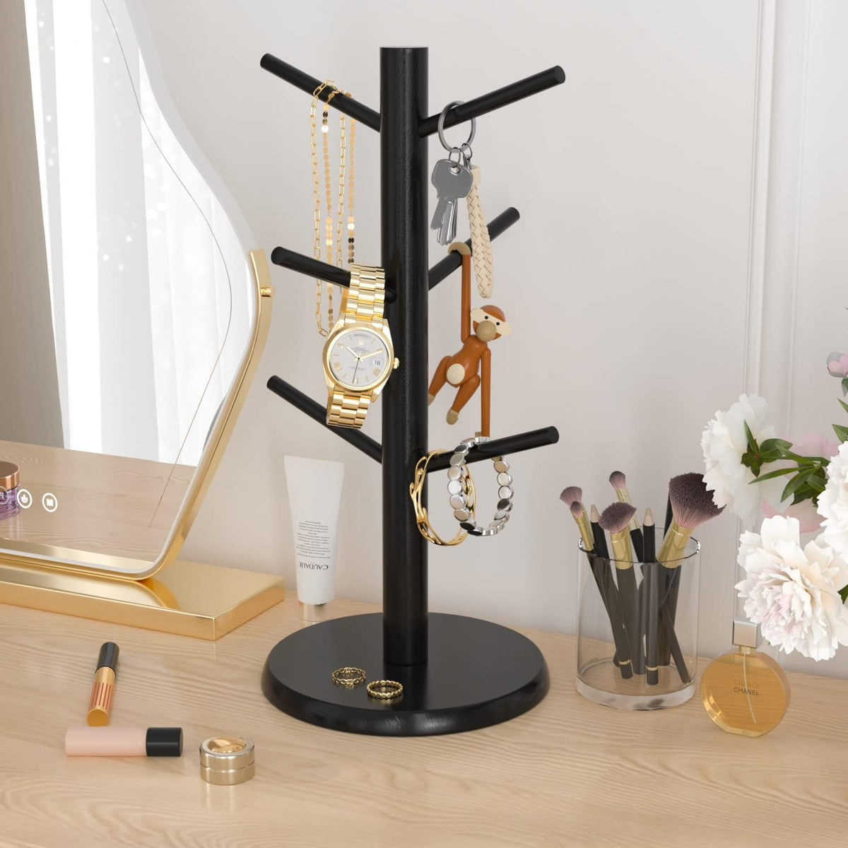 Countertop display enhances kitchen decor and quick access to mugs.