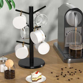 Easy-assembly mug tree for fast setup and tidy storage.