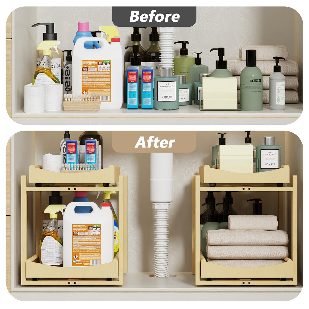 Wisuce Essentials two-tier storage fits tall bottles and cleaning supplies neatly.