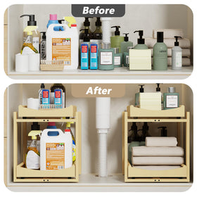 Wisuce Essentials two-tier storage fits tall bottles and cleaning supplies neatly.
