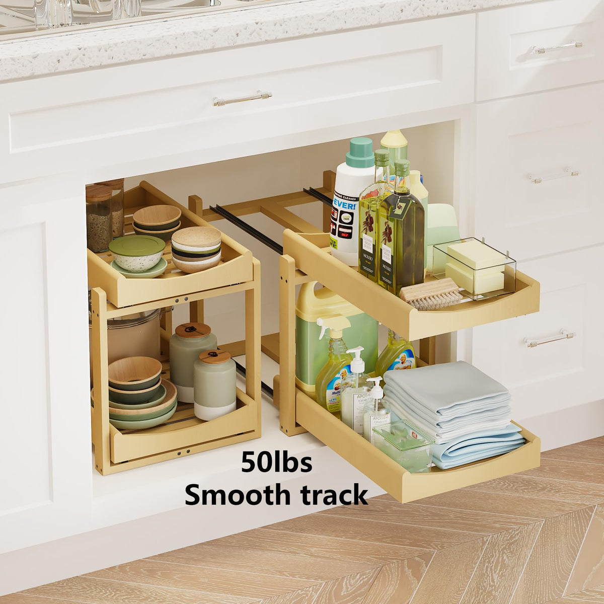 Wisuce Essentials bamboo under-sink organizer with waterproof, rustproof finish for damp spaces.