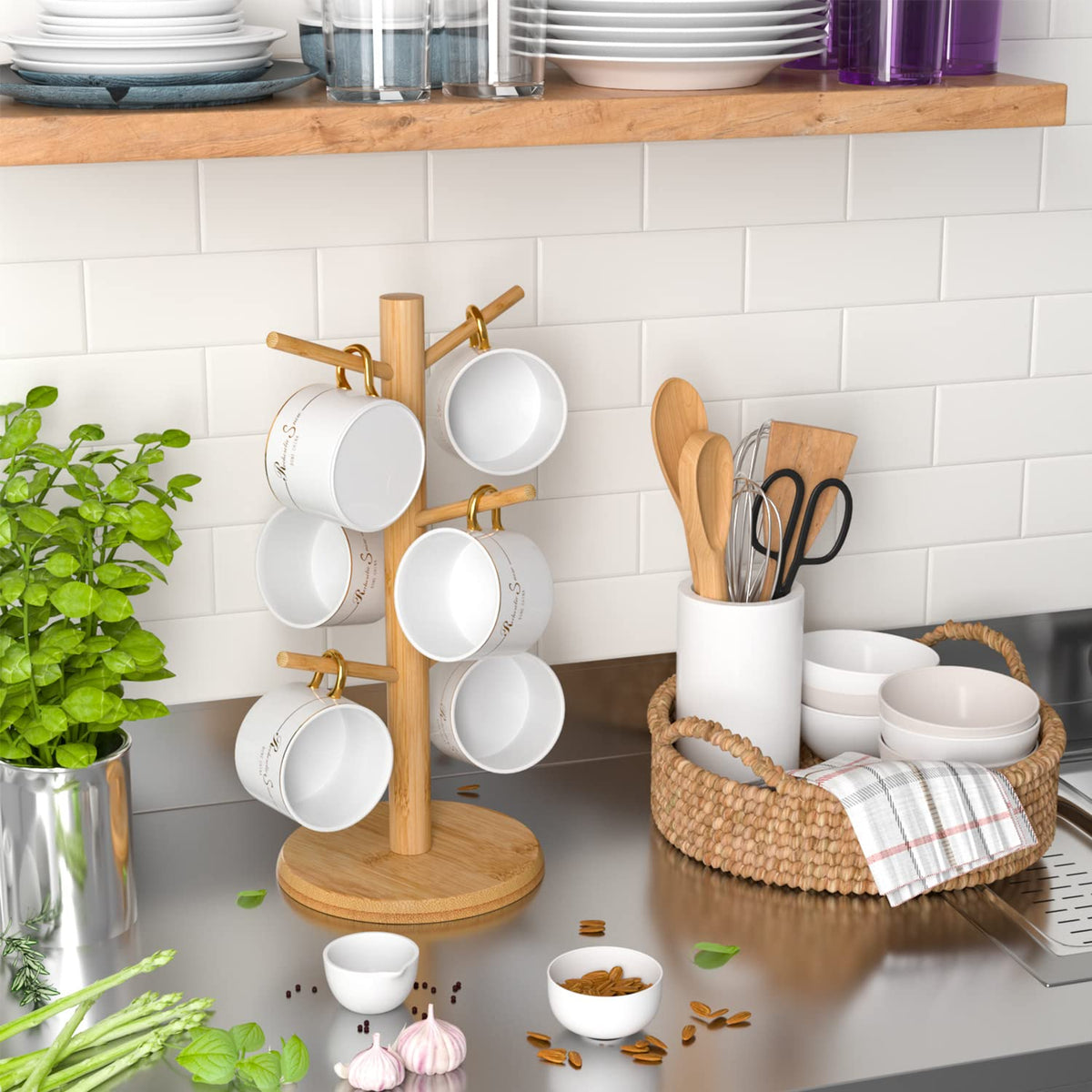 Wisuce six-hook mug tree displaying cups neatly on the counter.