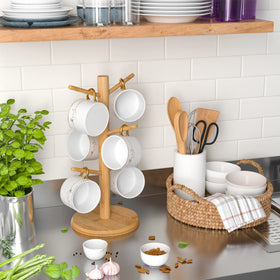 Wisuce six-hook mug tree displaying cups neatly on the counter.